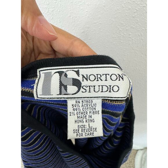 Vintage Norton Studio Blue Black Stripe Knit Top Size Large Hong Kong Retro 90s - Picture 4 of 4